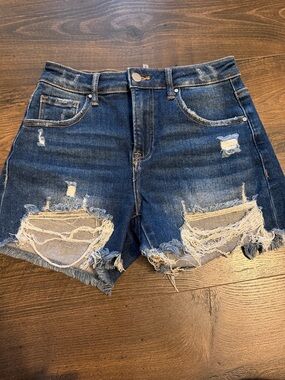 Distressed Dark Wash Risen Denim Women's Shorts